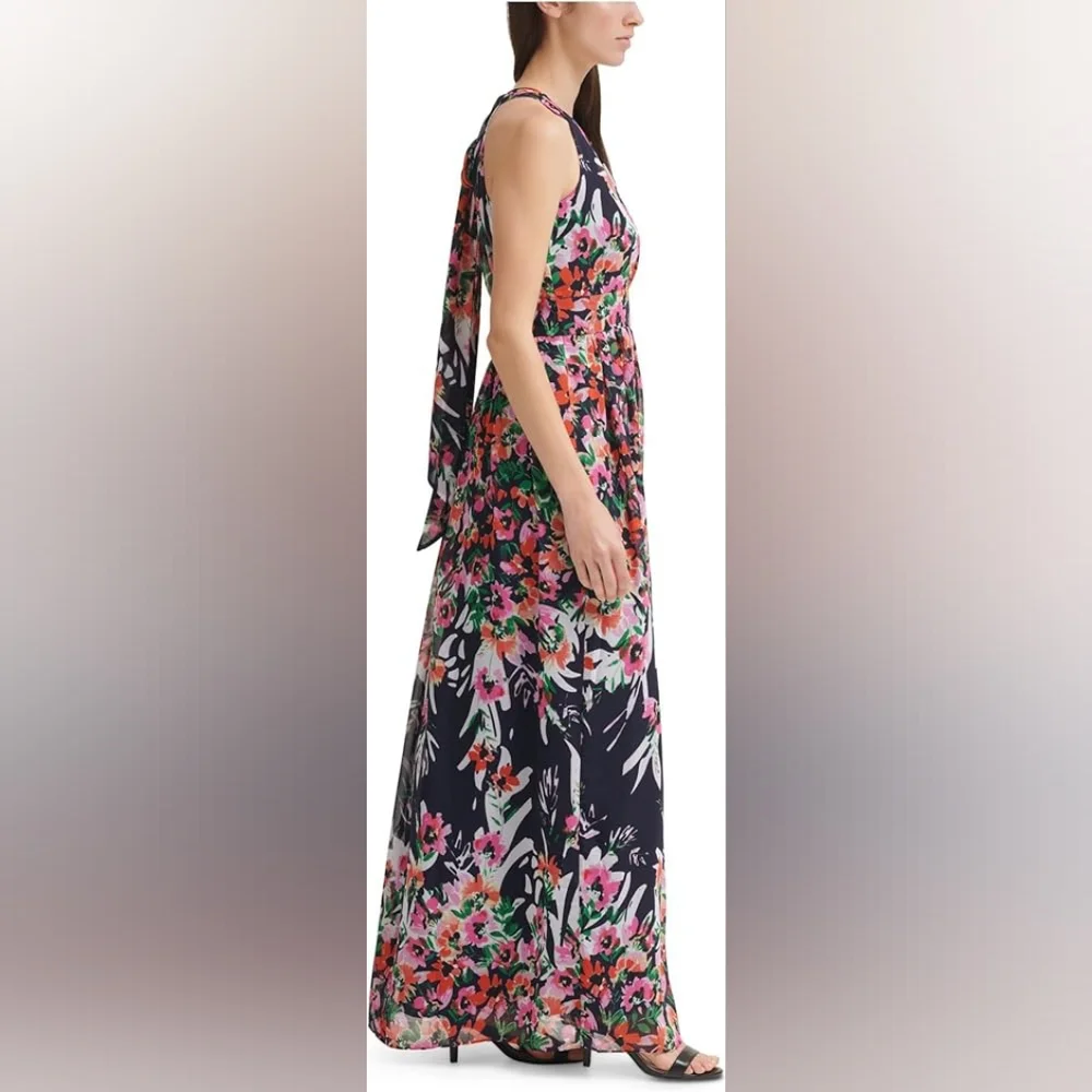 Eliza J Halter Chiffon Maxi Dress – Navy Pink Floral Party Spring Summer NWT - Picture 4 of 12
